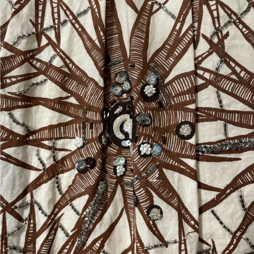 100% Silk Sunburst Sleeveless Dress. Sunburst Design with Embellishments. - Picture 3 of 16